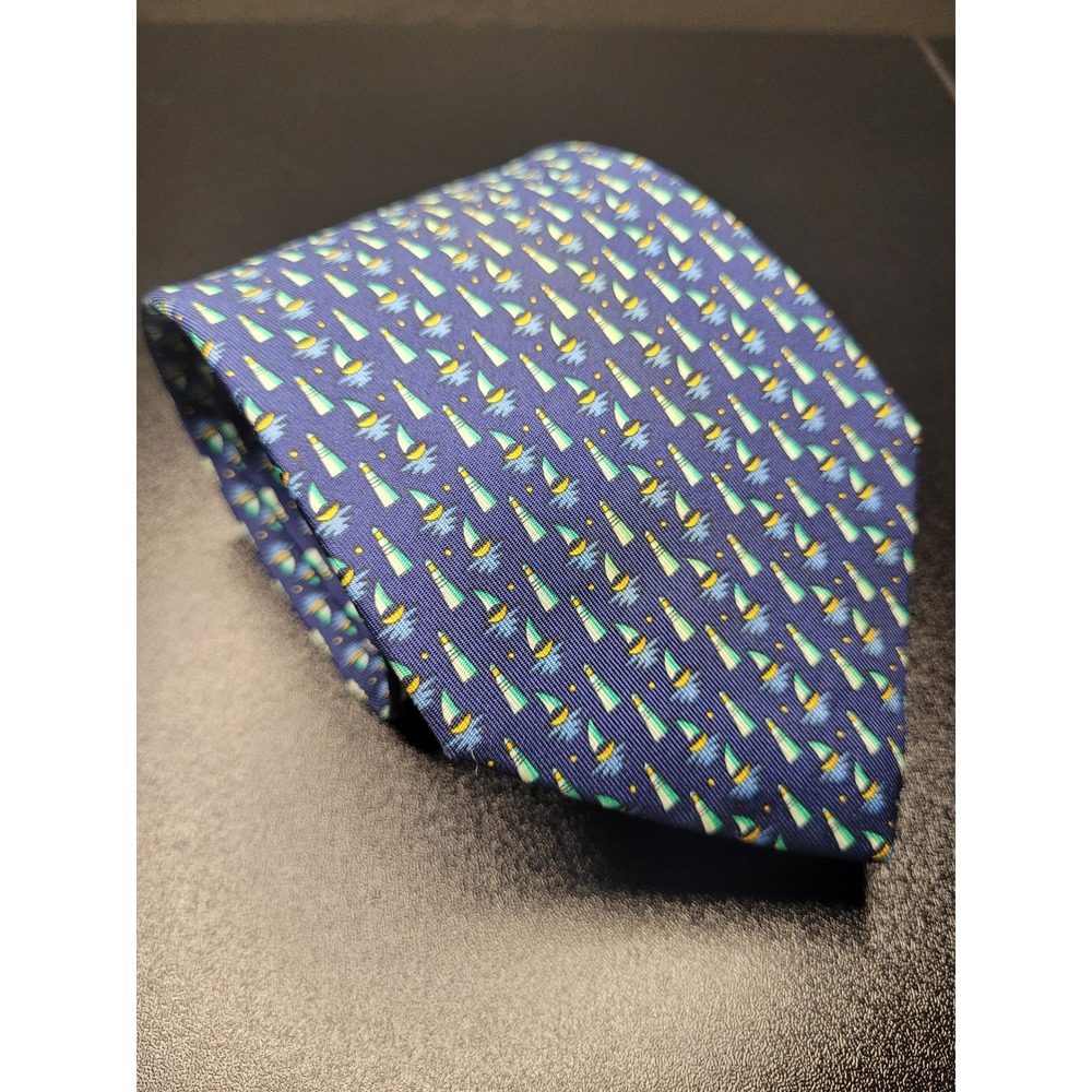 Salvatore Ferragamo Men's Necktie Blue Nautical Silk 3.5" x 58" Excellent